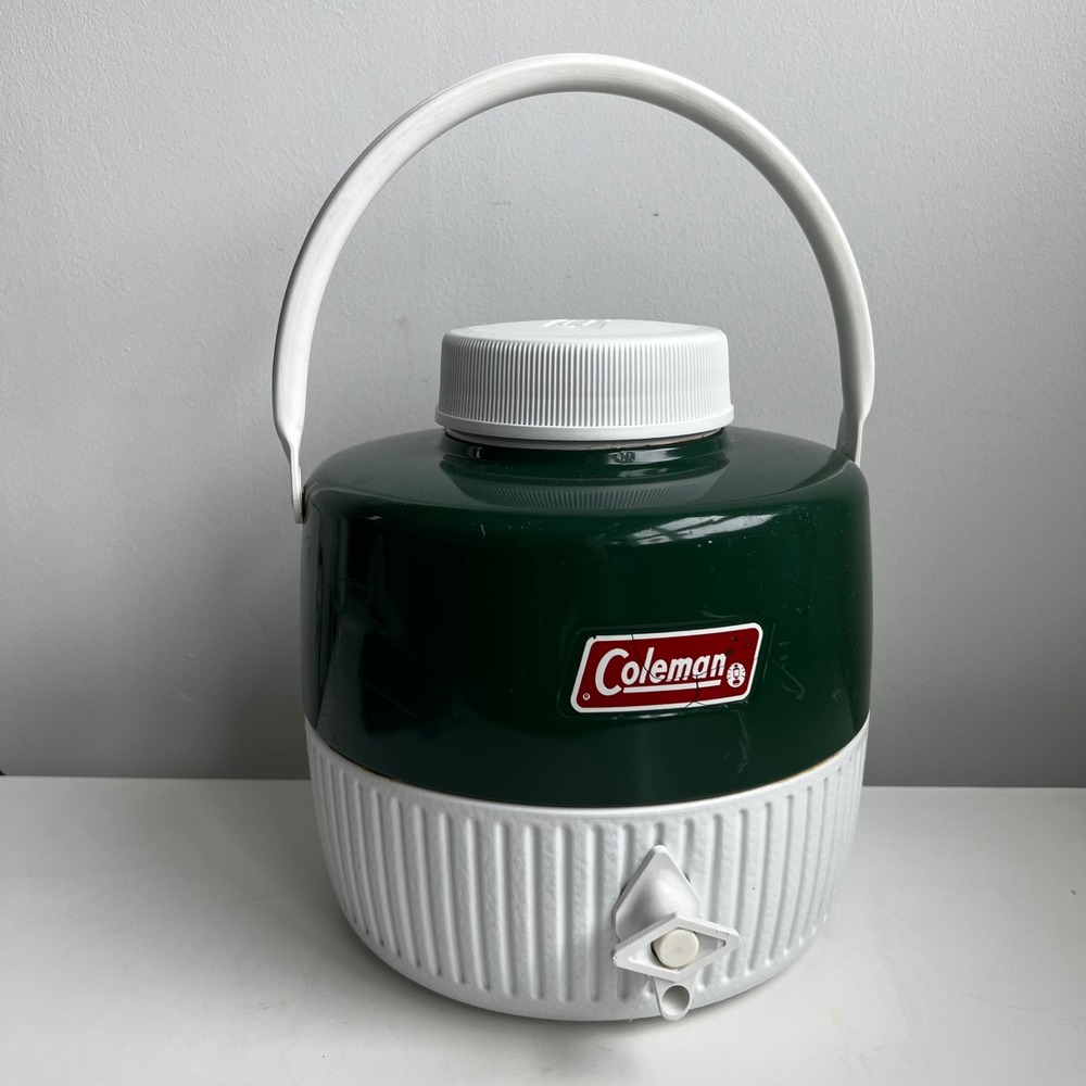 Vintage Coleman Water Jug 1 Gallon Green White Insulated Cooler Spigot Handle